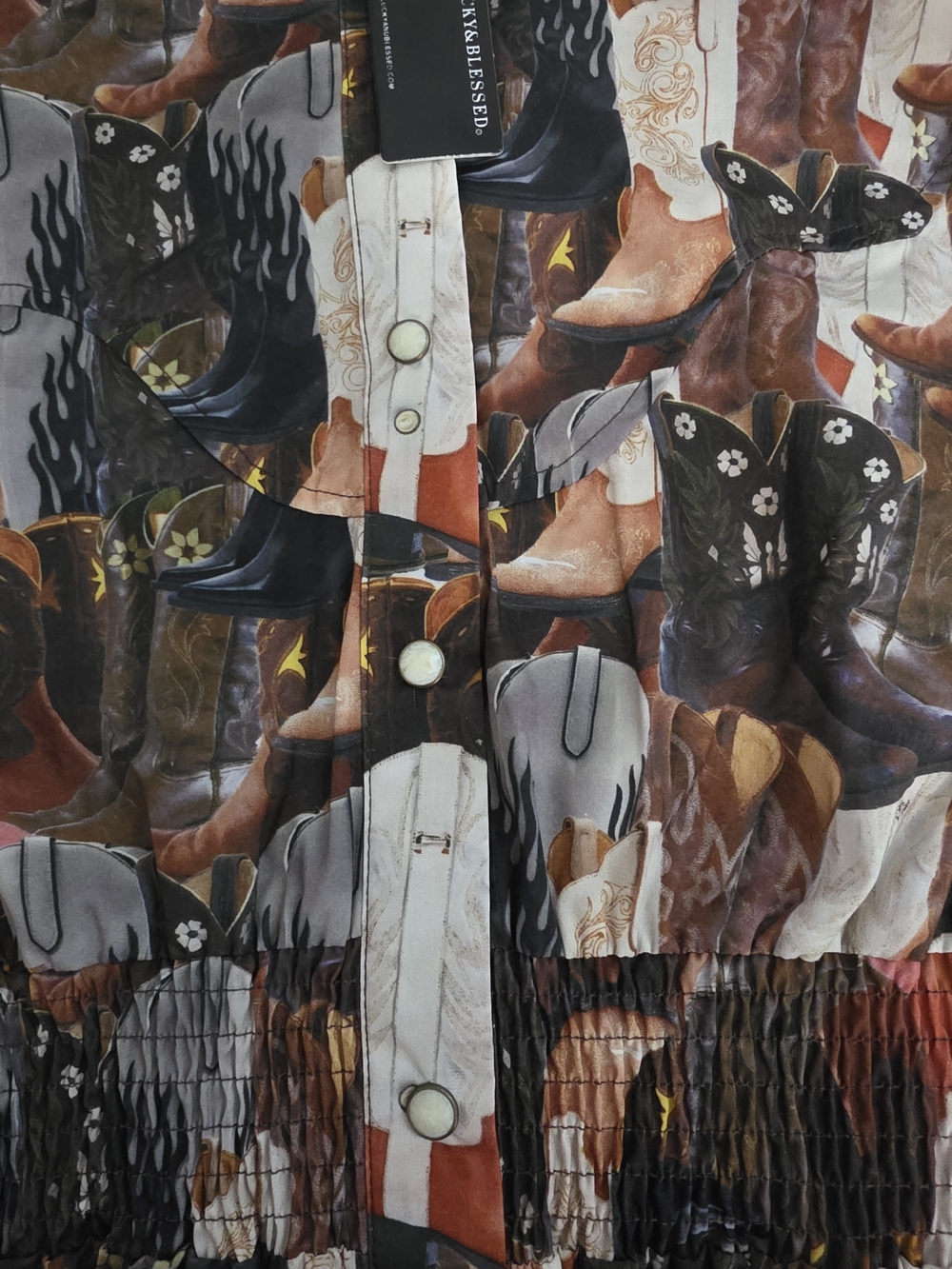 Lucky & Blessed Brown Multi Western Boot Print Long Sleeve Shirtdress - Picture 8 of 10